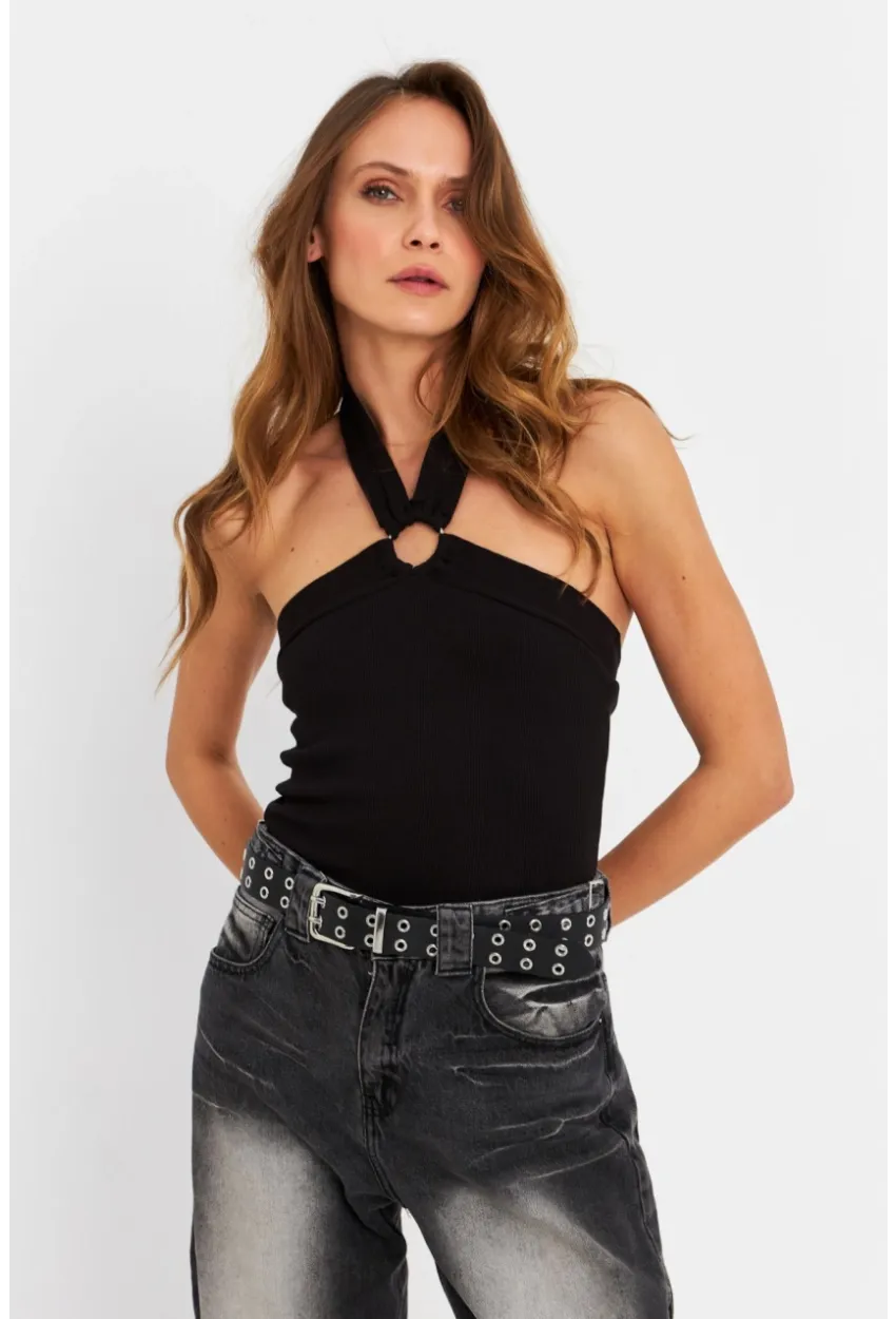 Kadın Siyah Halkalı Crop Bluz B2634