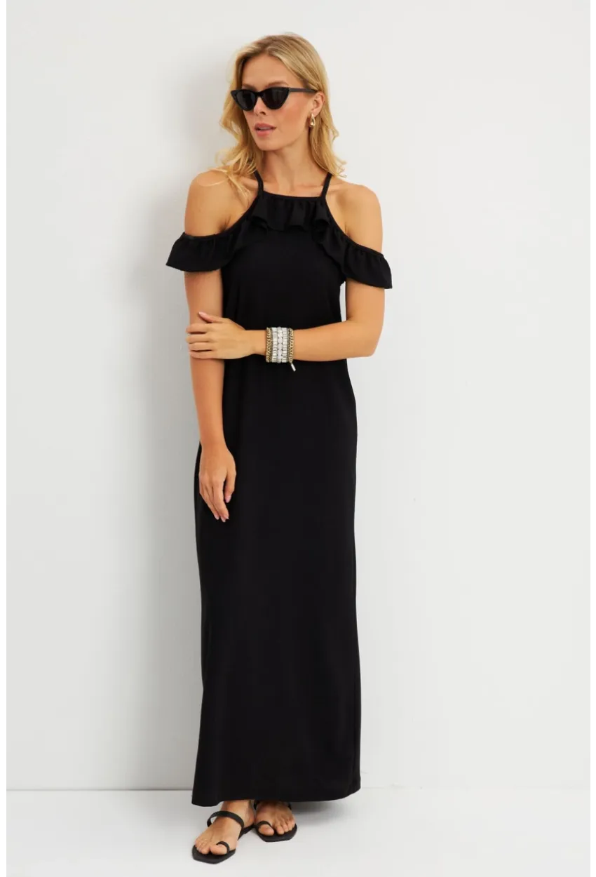 Kadın Siyah Halter Yaka Bürümcük Midi Elbise EY2789