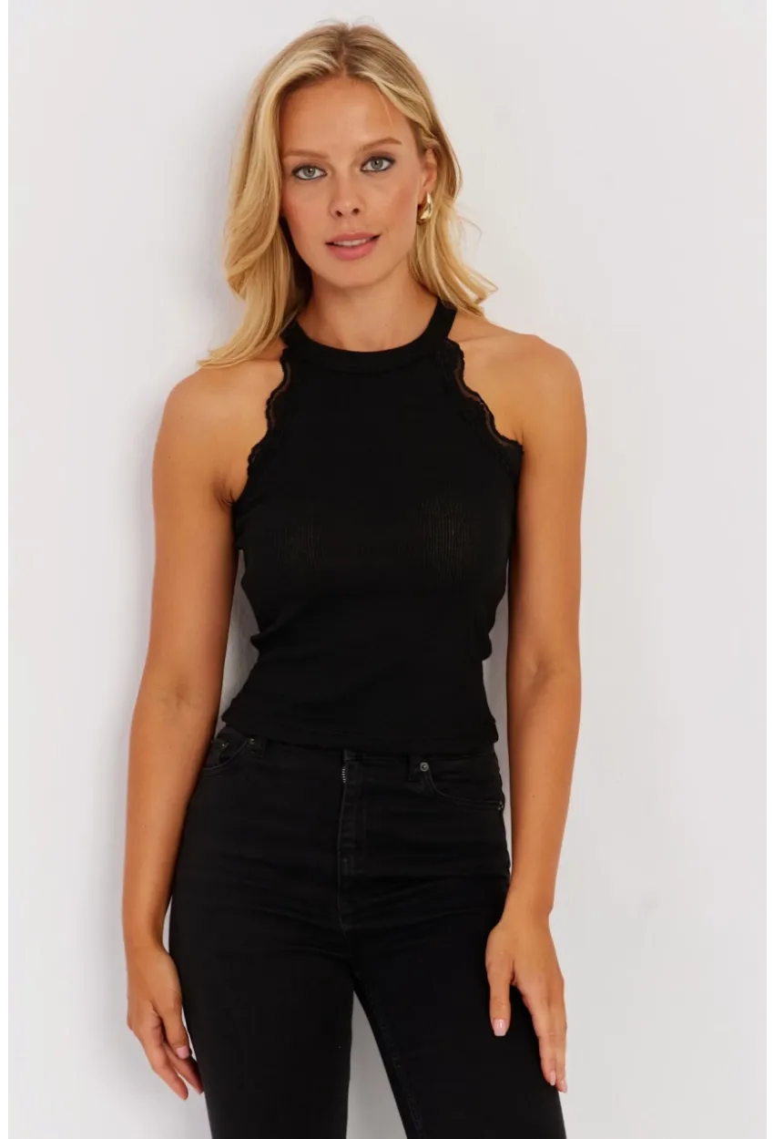 Kadın Siyah Halter Yaka Dantelli Bluz MK04