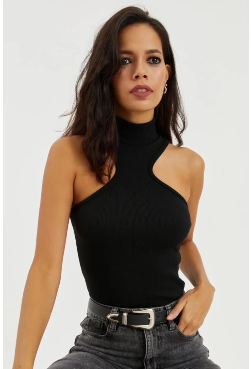 Kadın Siyah Halter Yaka Kaşkorse Bluz EY1454