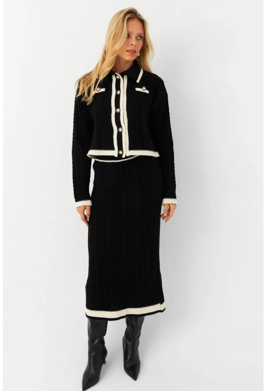 Kadın Siyah İkili Alt Üst Triko Takım NUV34