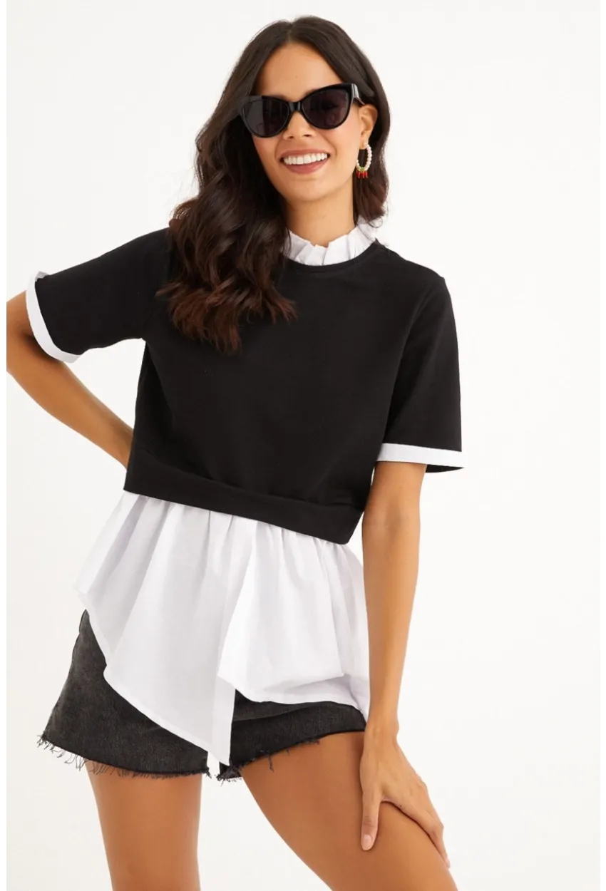 Kadın Siyah İkili Asimetrik İki İplik Bluz B1454