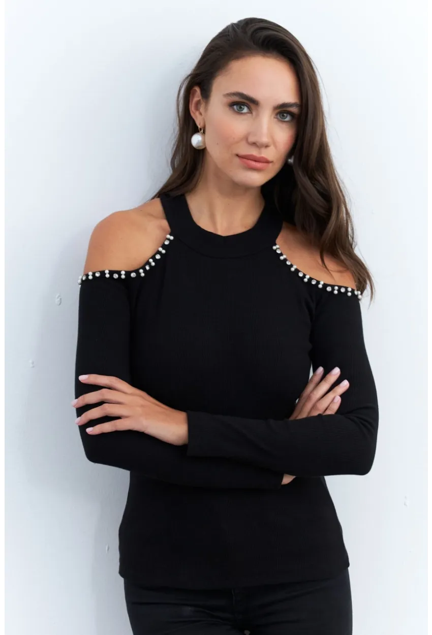 Kadın Siyah İnci Aksesuarlı Bluz RLO86