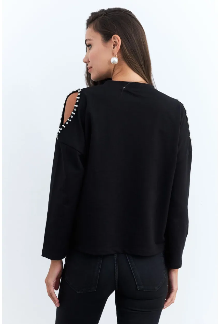 Kadın Siyah İnci Aksesuarlı Sweatshirt RLO85