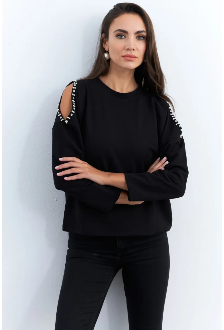 Kadın Siyah İnci Aksesuarlı Sweatshirt RLO85
