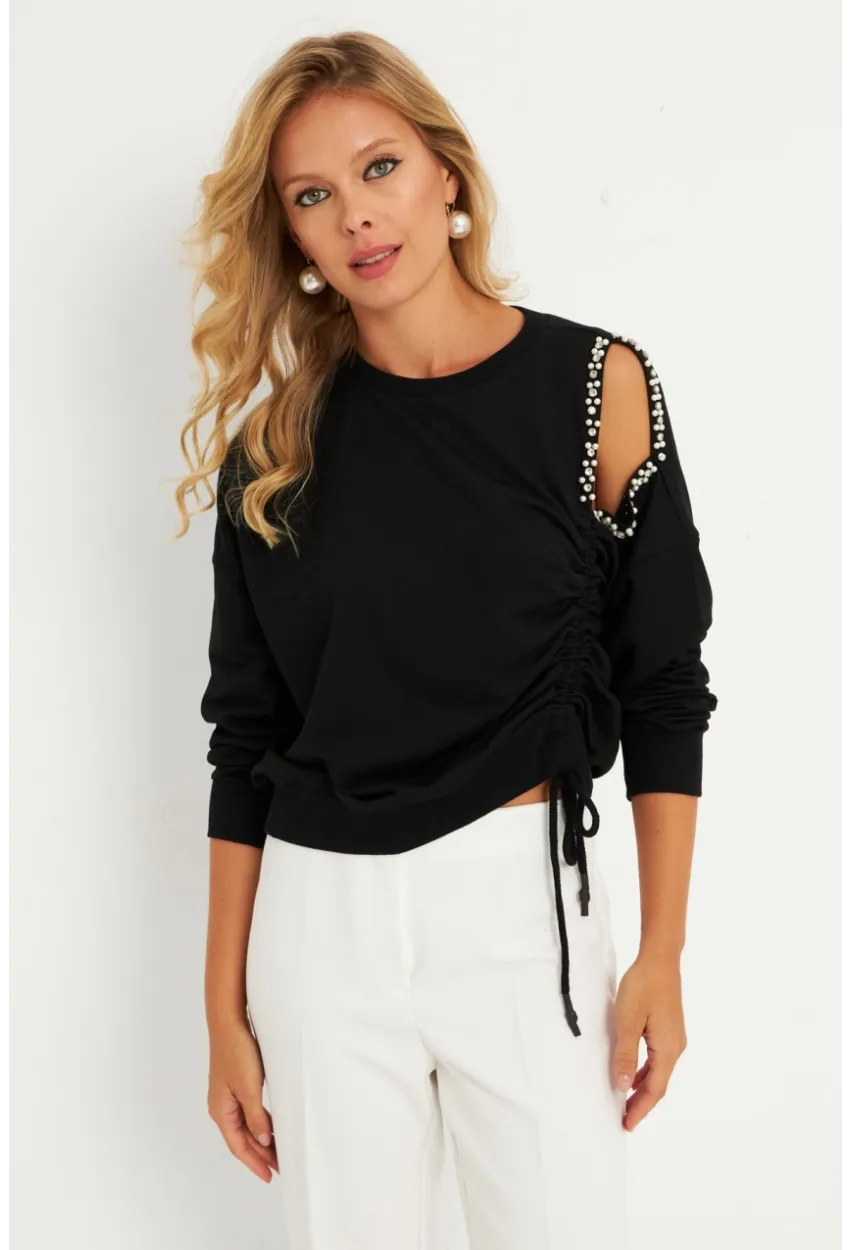 Kadın Siyah İnci Detaylı Büzgülü Sweatshirt RLO04