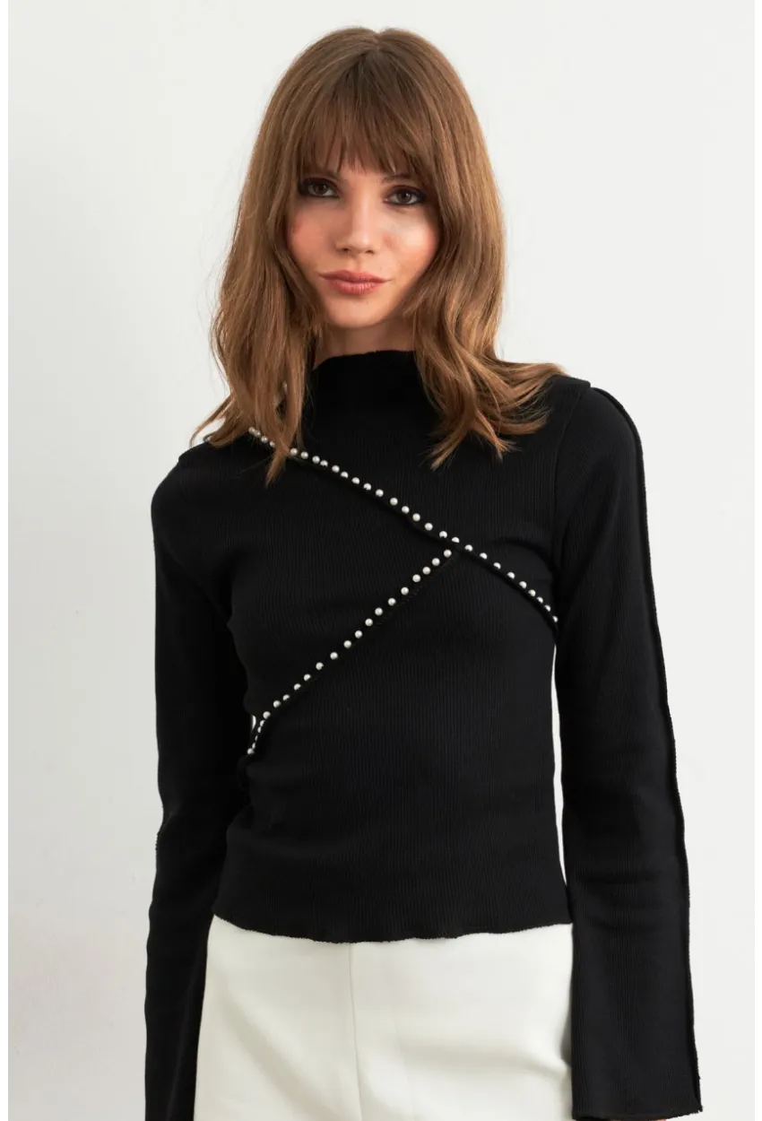 Kadın Siyah İnci Detaylı Kaşkorse Bluz ALB3701