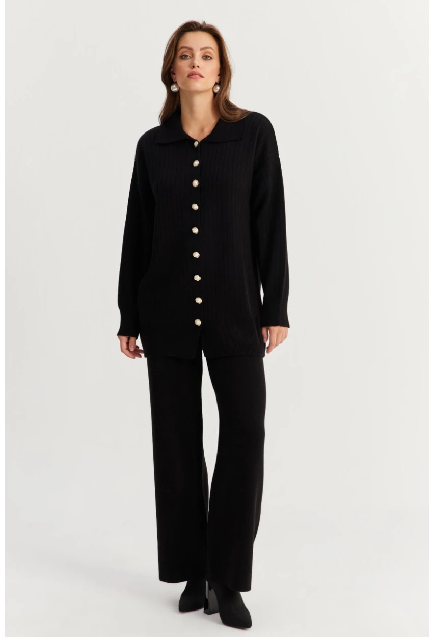 Kadın Siyah İnci Düğmeli Hırka Triko Alt Üst Takım NUV26