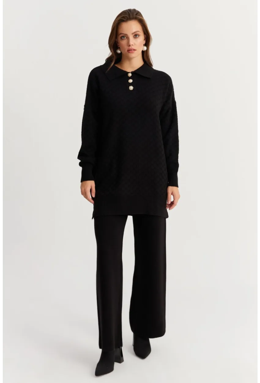 Kadın Siyah İnci Düğmeli Triko Alt Üst Takım NUV33