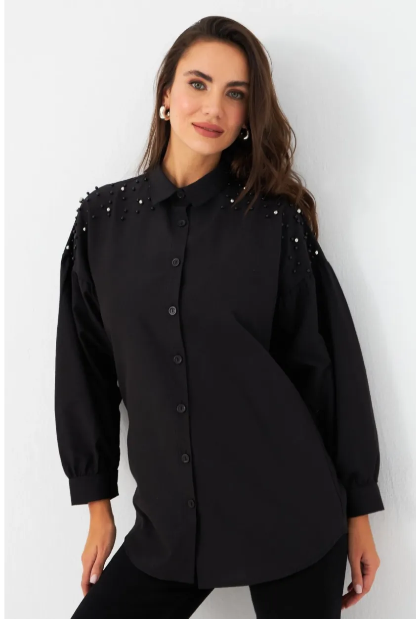 Kadın Siyah İncili Balon Kol Gömlek MASF16