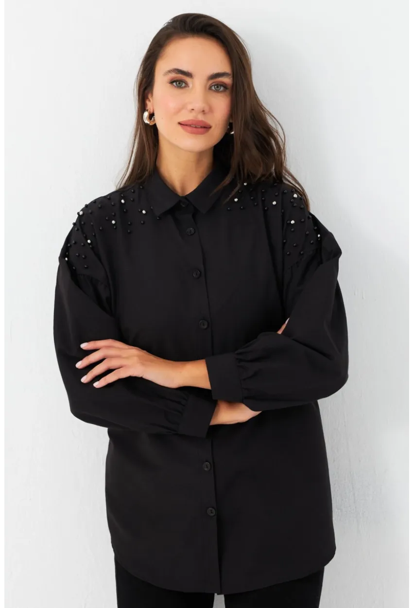 Kadın Siyah İncili Balon Kol Gömlek MASF16