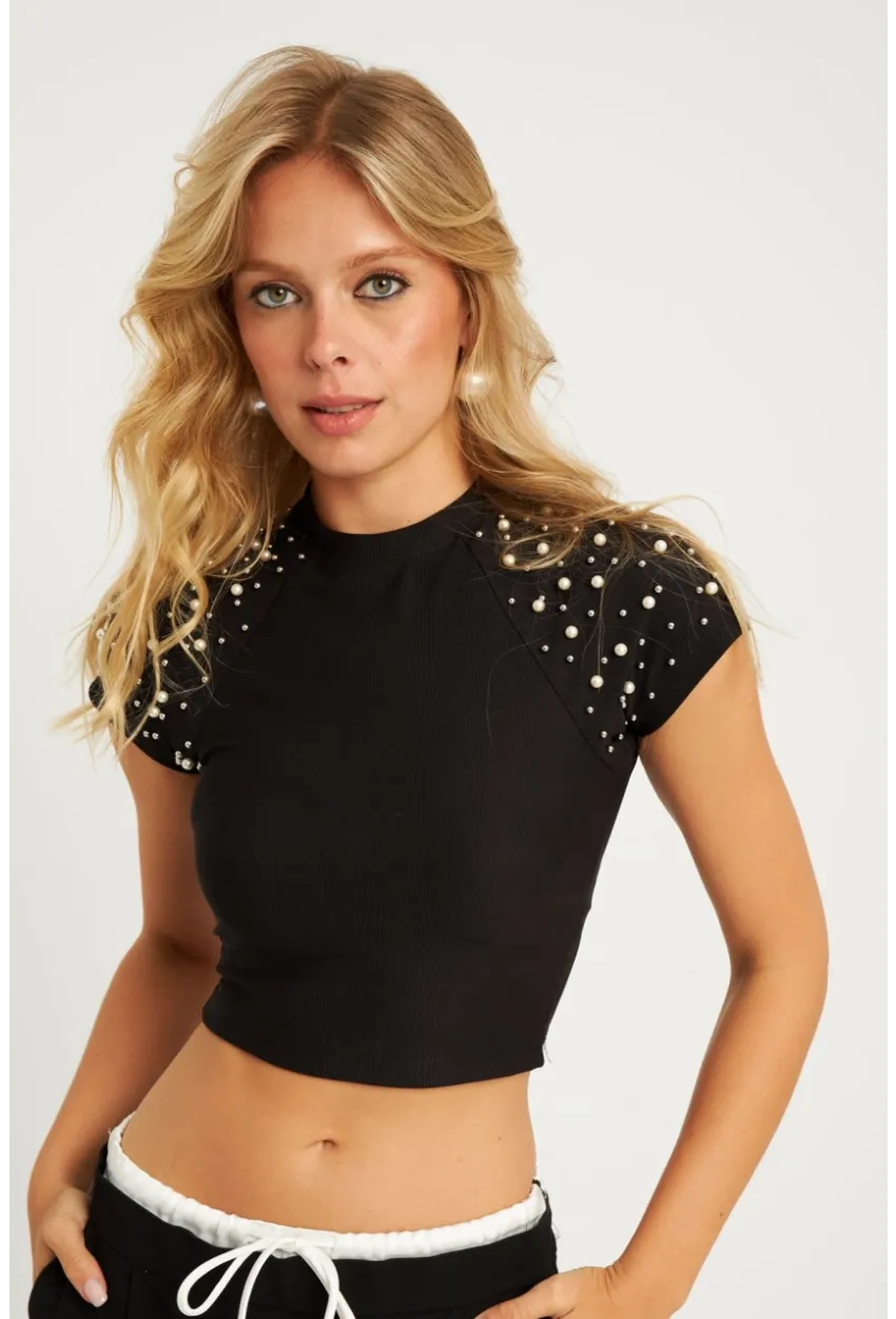 Kadın Siyah İncili Kısa Bluz HOL2112