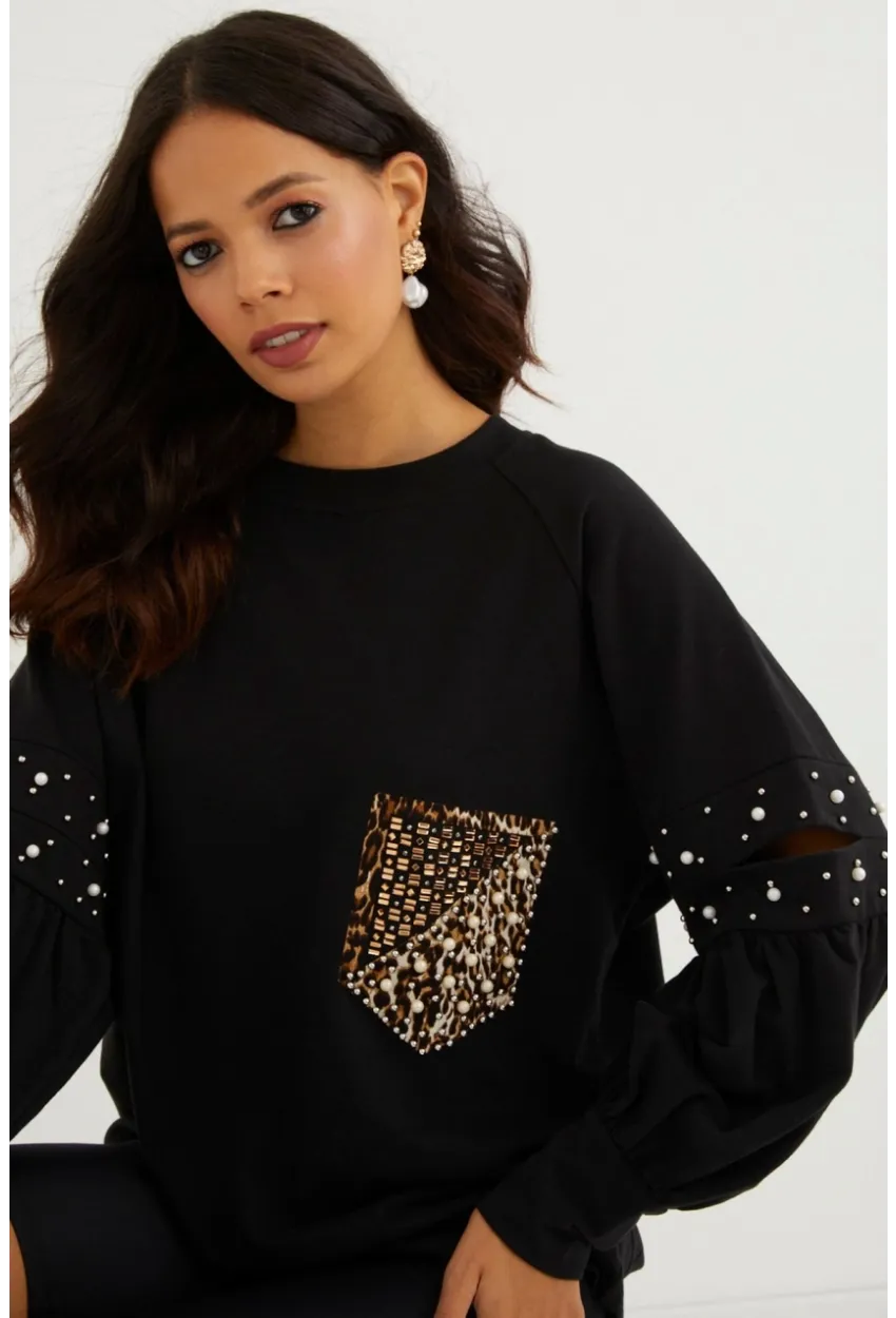Kadın Siyah İncili Kol Detaylı Sweatshirt PKA400