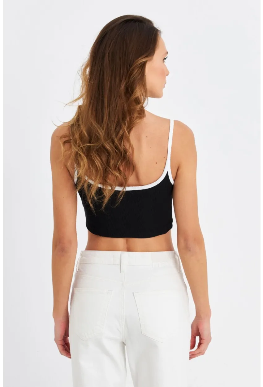 Kadın Siyah İp Askılı Crop Bluz ALB201