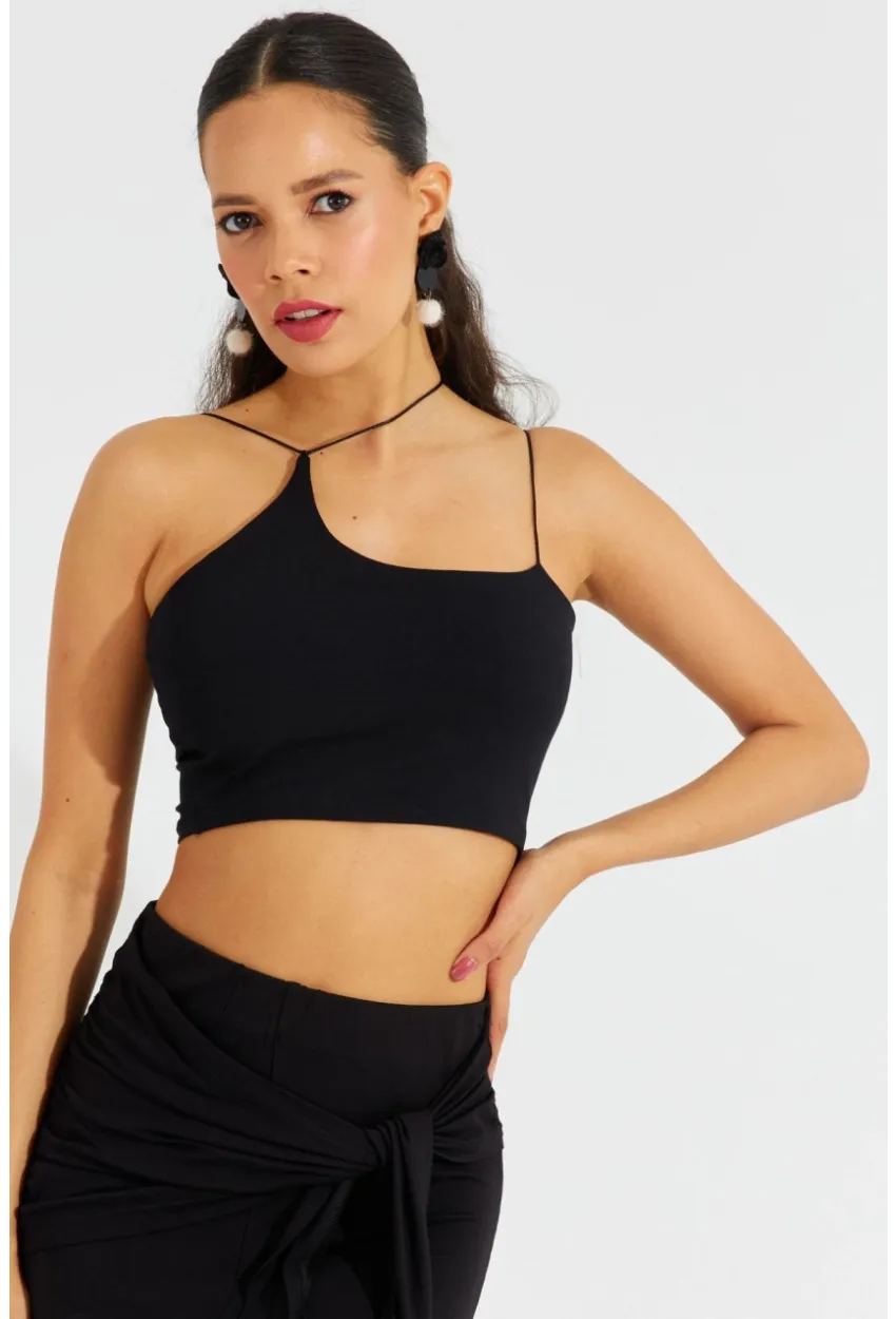 Kadın Siyah İp Askılı Crop Bluz B2594