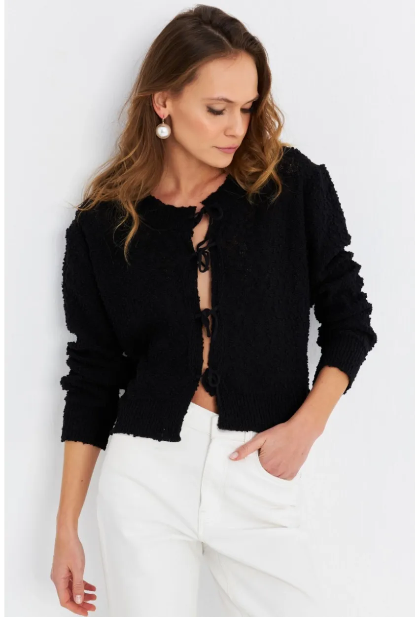 Kadın Siyah İpli Triko Hırka YV323