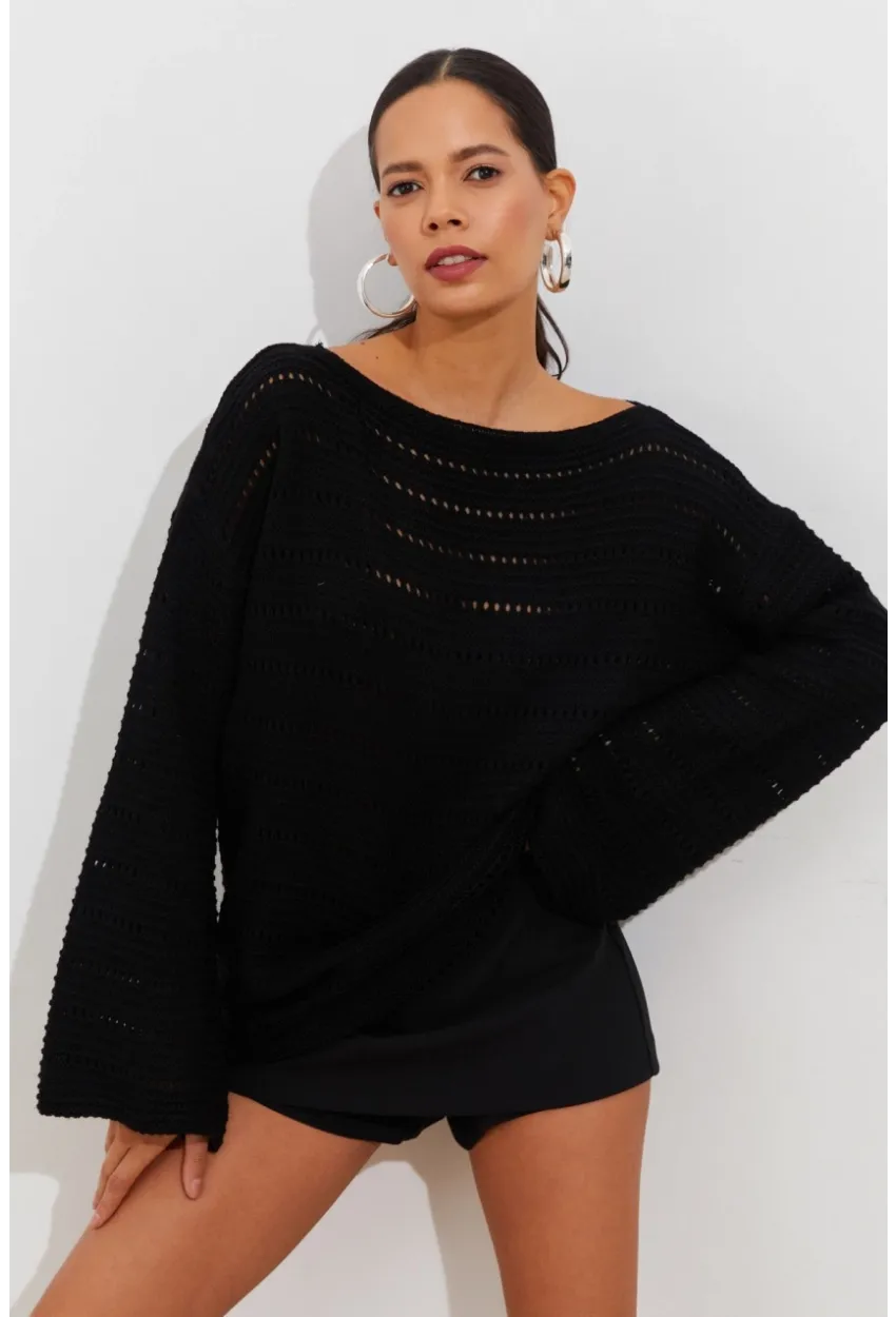 Kadın Siyah İspanyol Kol Ajurlu Triko Uzun Bluz SMT199