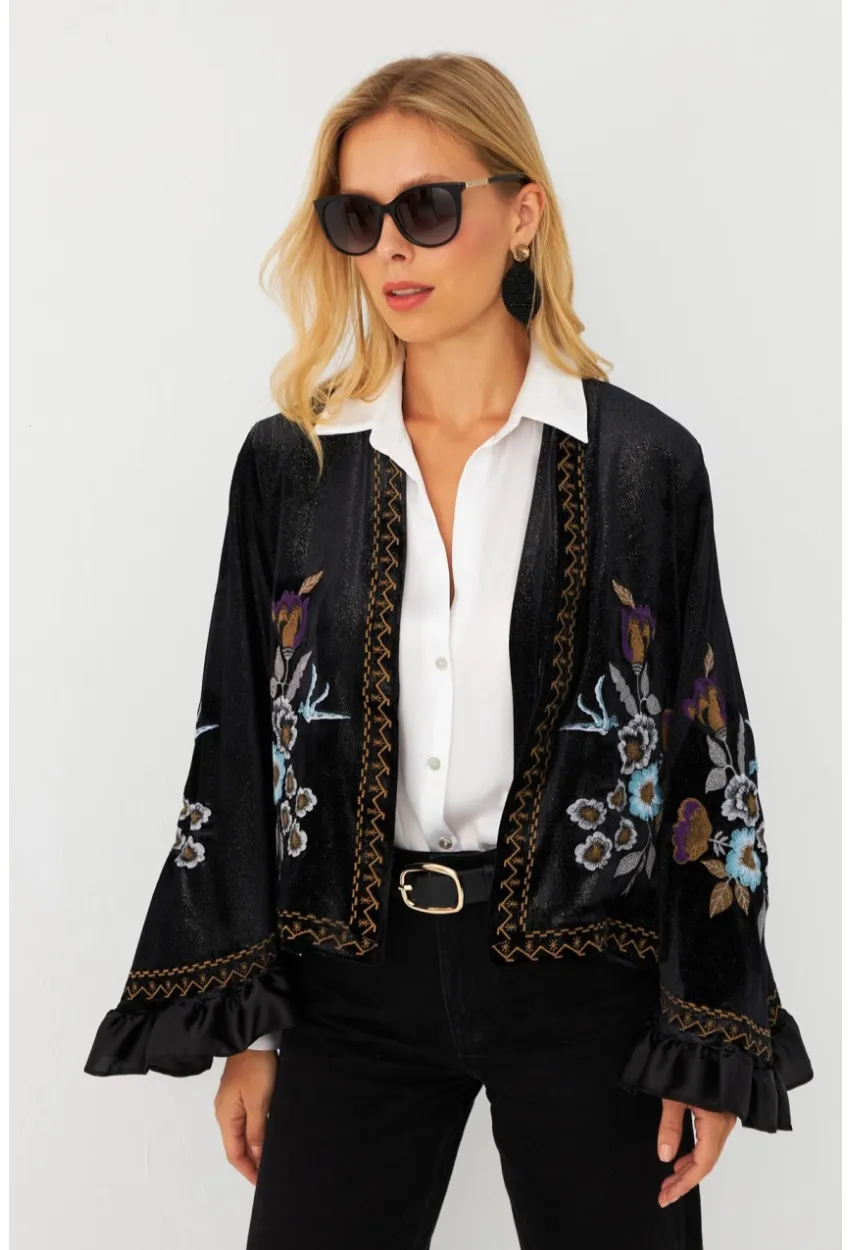 Kadın Siyah İspanyol Kol Nakışlı Kadife Simli Ceket QS5577