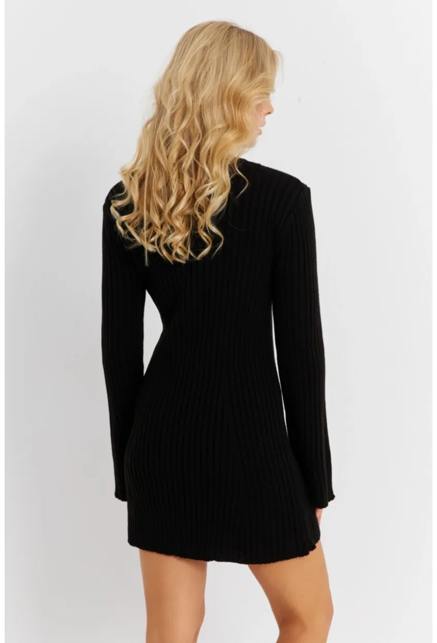 Kadın Siyah İspanyol Kol Triko Mini Elbise YV273