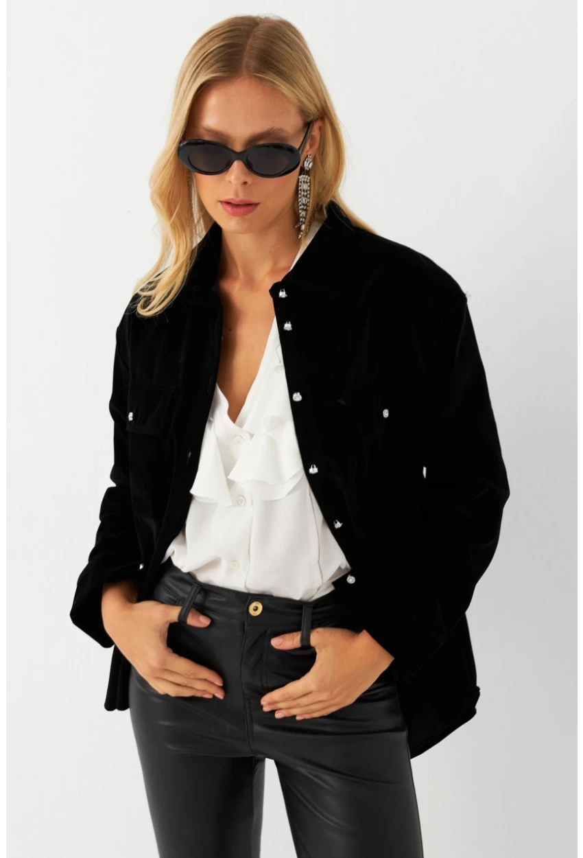 Kadın Siyah Kadife Gömlek CAR1074