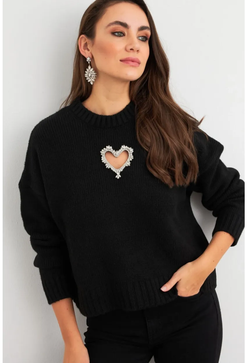 Kadın Siyah Kalp Pencereli Kazak TEM101