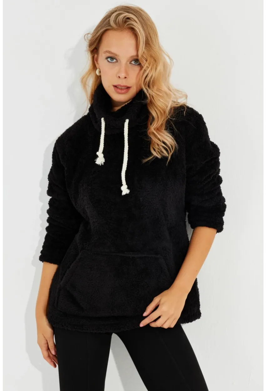Kadın Siyah Kanguru Cep Peluş Sweatshirt Q978