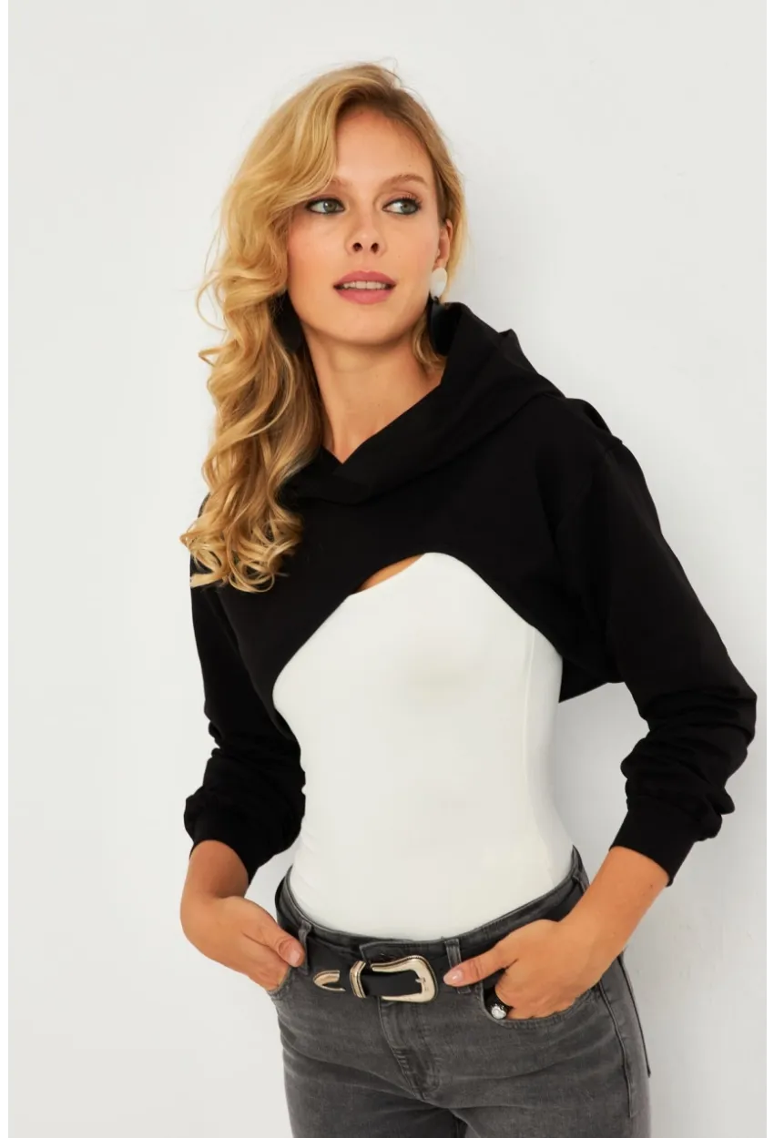 Kadın Siyah Kapüşonlu Crop Sweatshirt  TF03