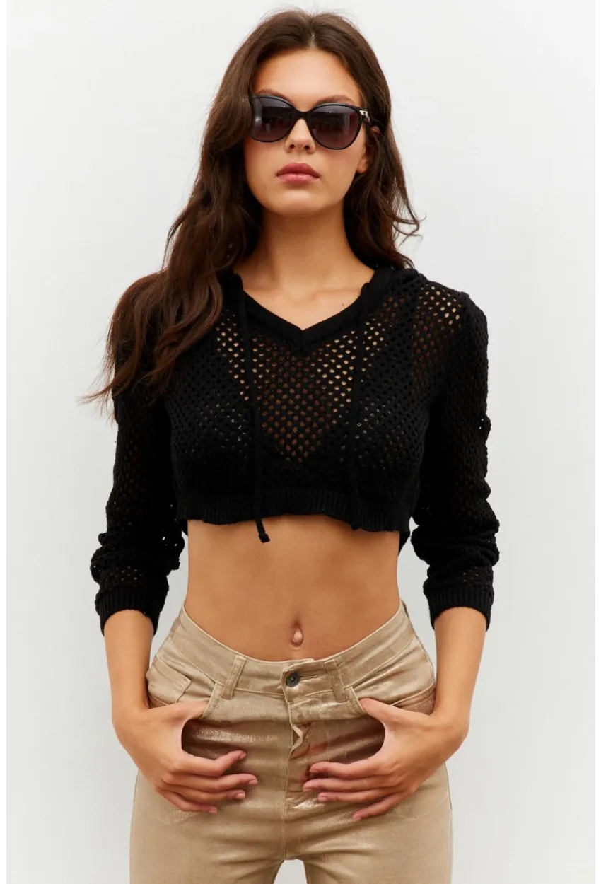 Kadın Siyah Kapüşonlu File Kısa Bluz YV153