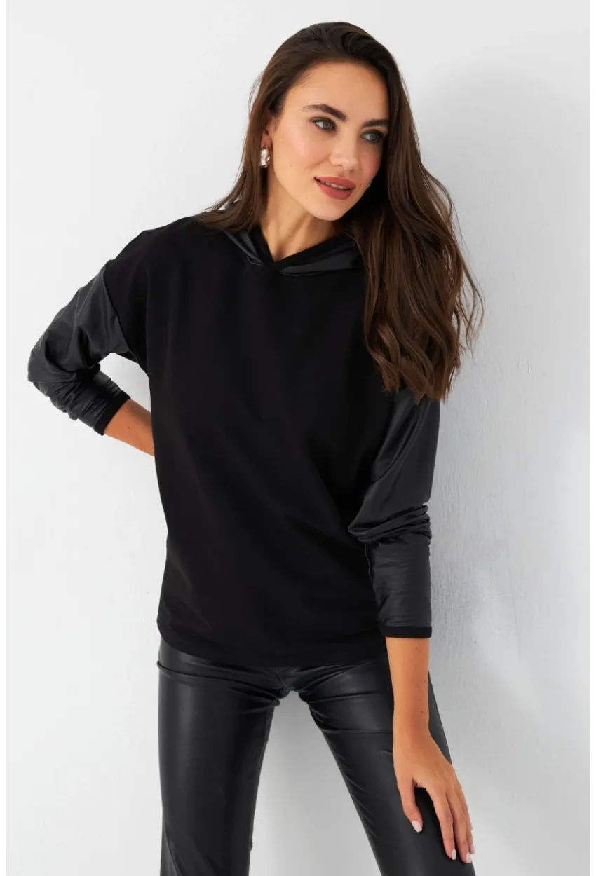 Kadın Siyah Kapüşonlu Sıvama Detaylı Sweatshirt TF37