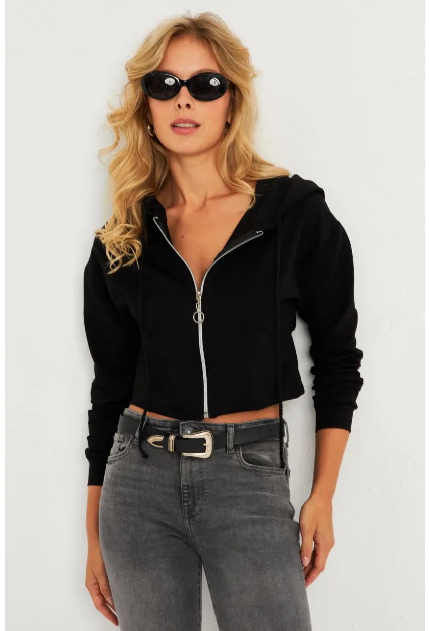 Kadın Siyah Kapüşonlu Sweatshirt TF07