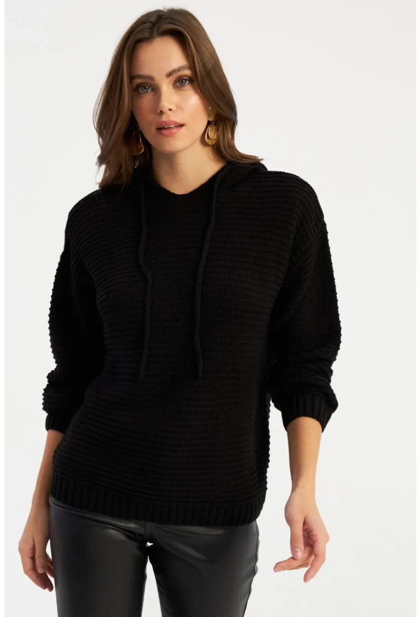 Kadın Siyah Kapüşonlu Triko Bluz SMT2419