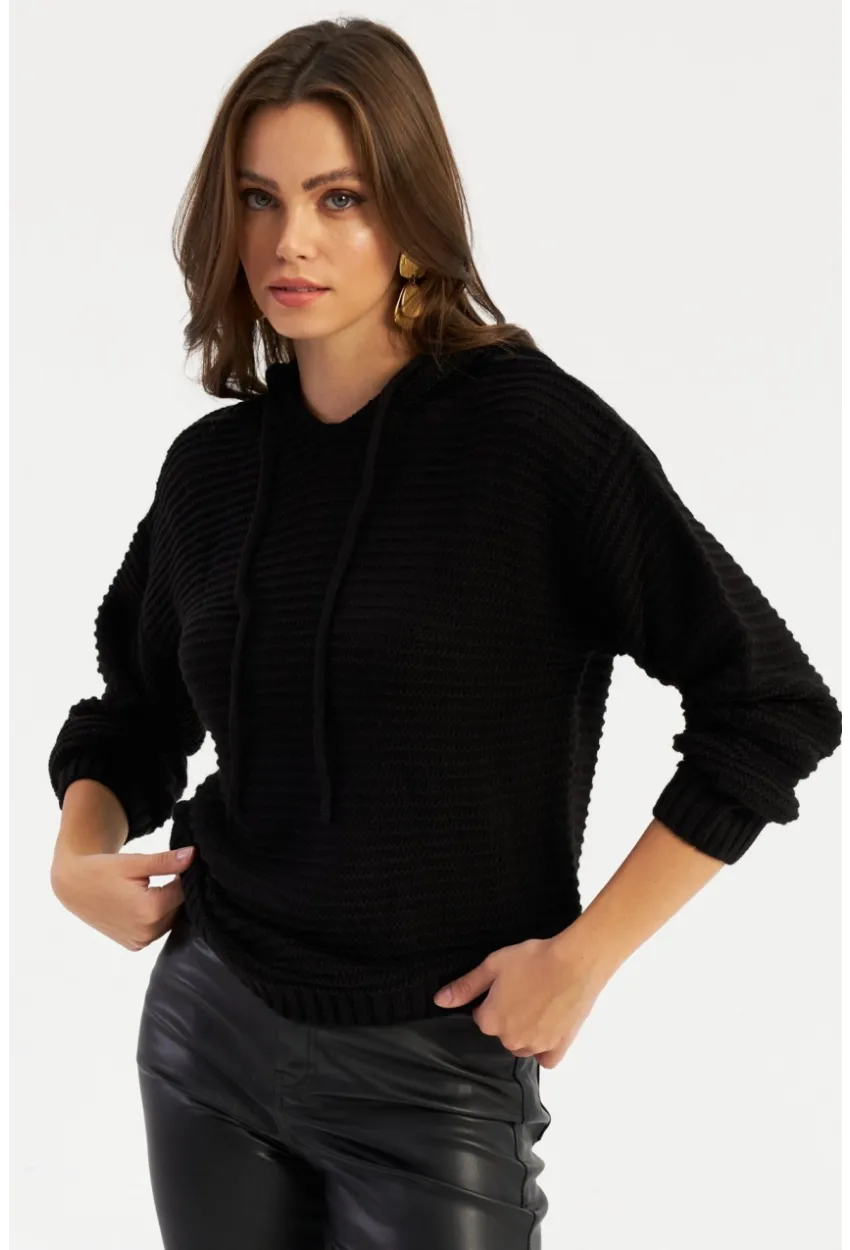 Kadın Siyah Kapüşonlu Triko Bluz SMT2419