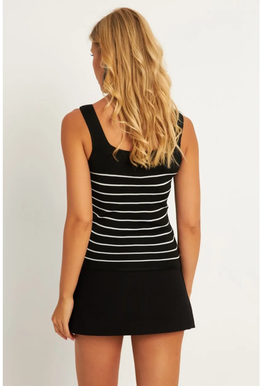 Kadın Siyah Kare Yaka Çizgili Triko Bluz KAZ15