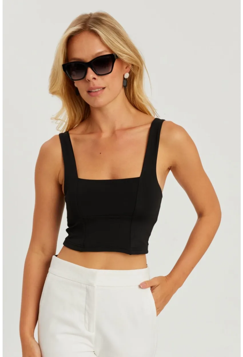 Kadın Siyah Kare Yaka Crop Bluz CG348