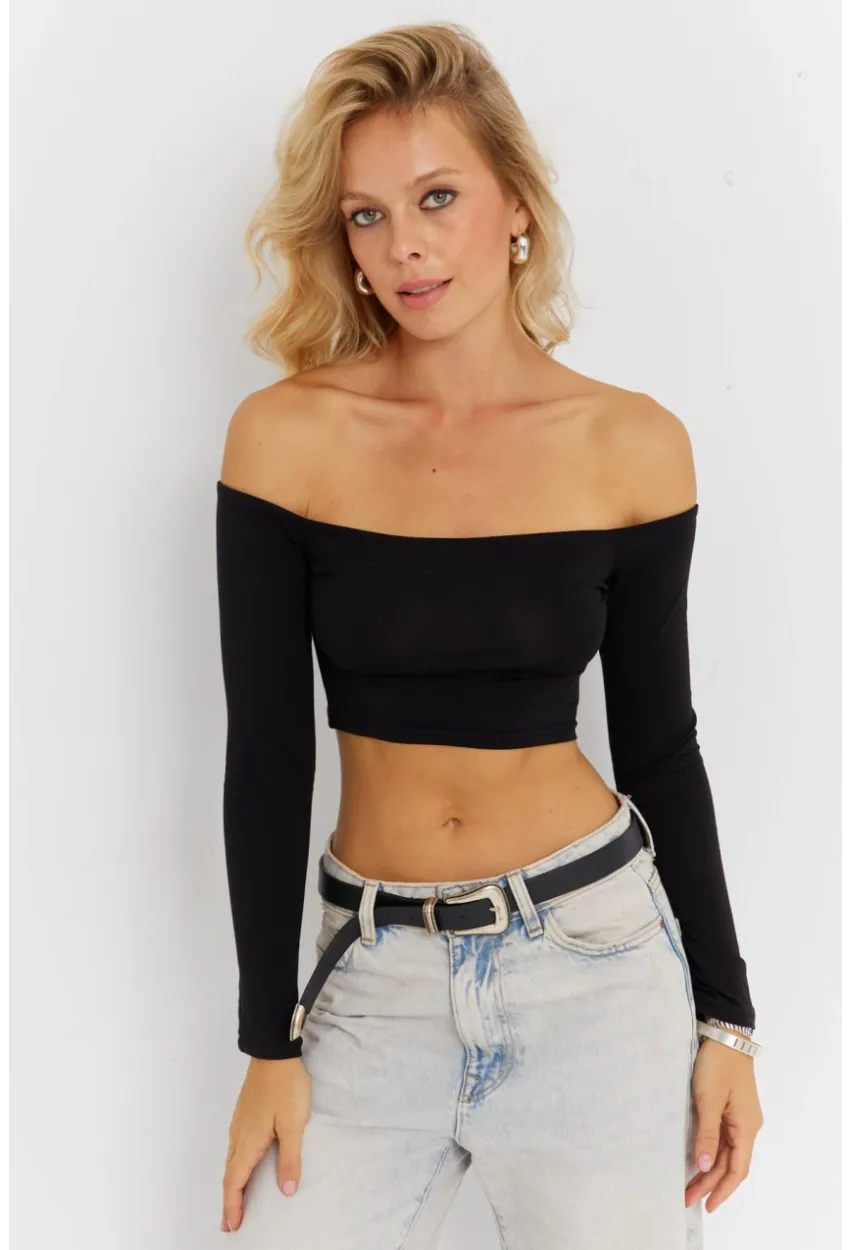 Kadın Siyah Kare Yaka Crop Bluz CG364
