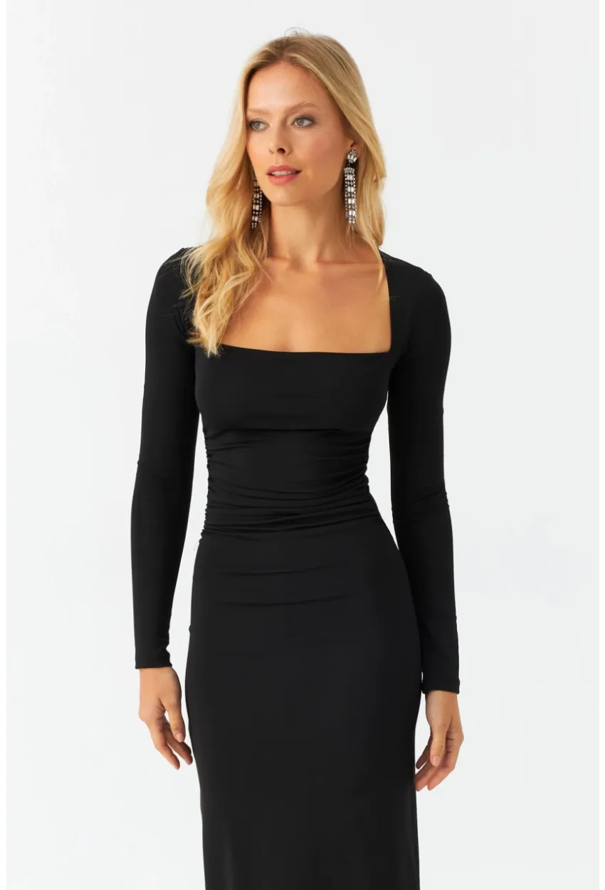 Kadın Siyah Kare Yaka Drepeli Midi Elbise B6009