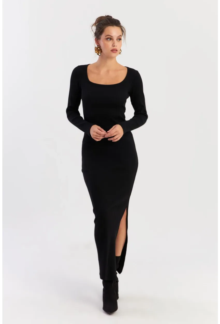 Kadın Siyah Kare Yaka Maxi Elbise XL2211