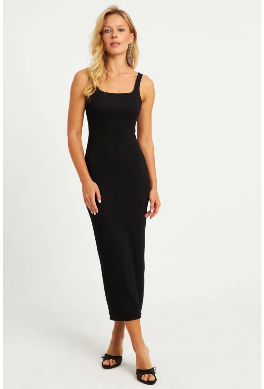 Kadın Siyah Kare Yaka Midi Elbise DMR295