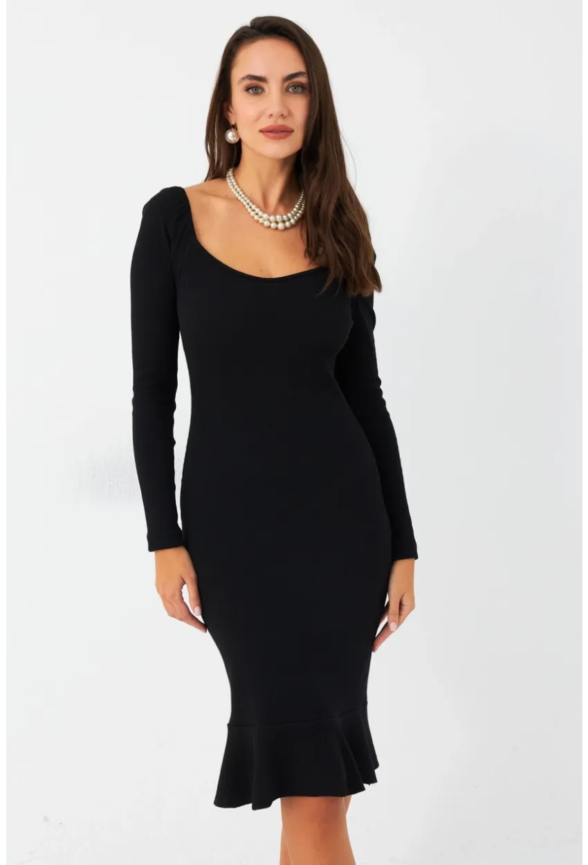 Kadın Siyah Kaşkorse Midi Elbise EY2976