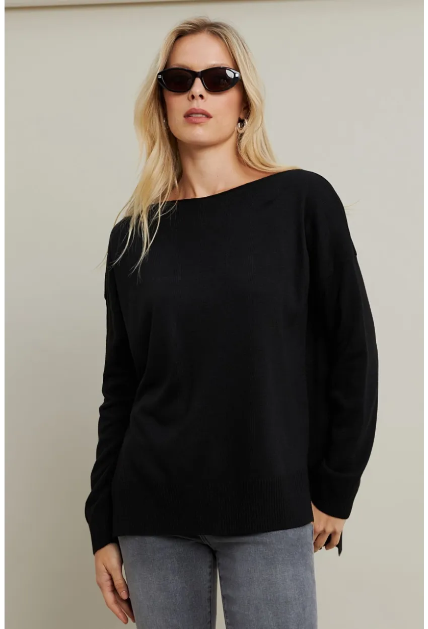 Kadın Siyah Kayık Yaka Triko Bluz MYİL561