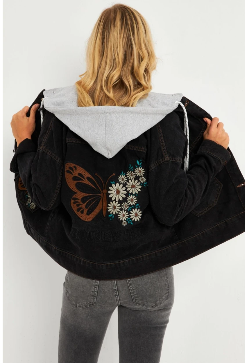 Kadın Siyah Kelebek Nakışlı Kapüşonlu Kot Ceket İS423