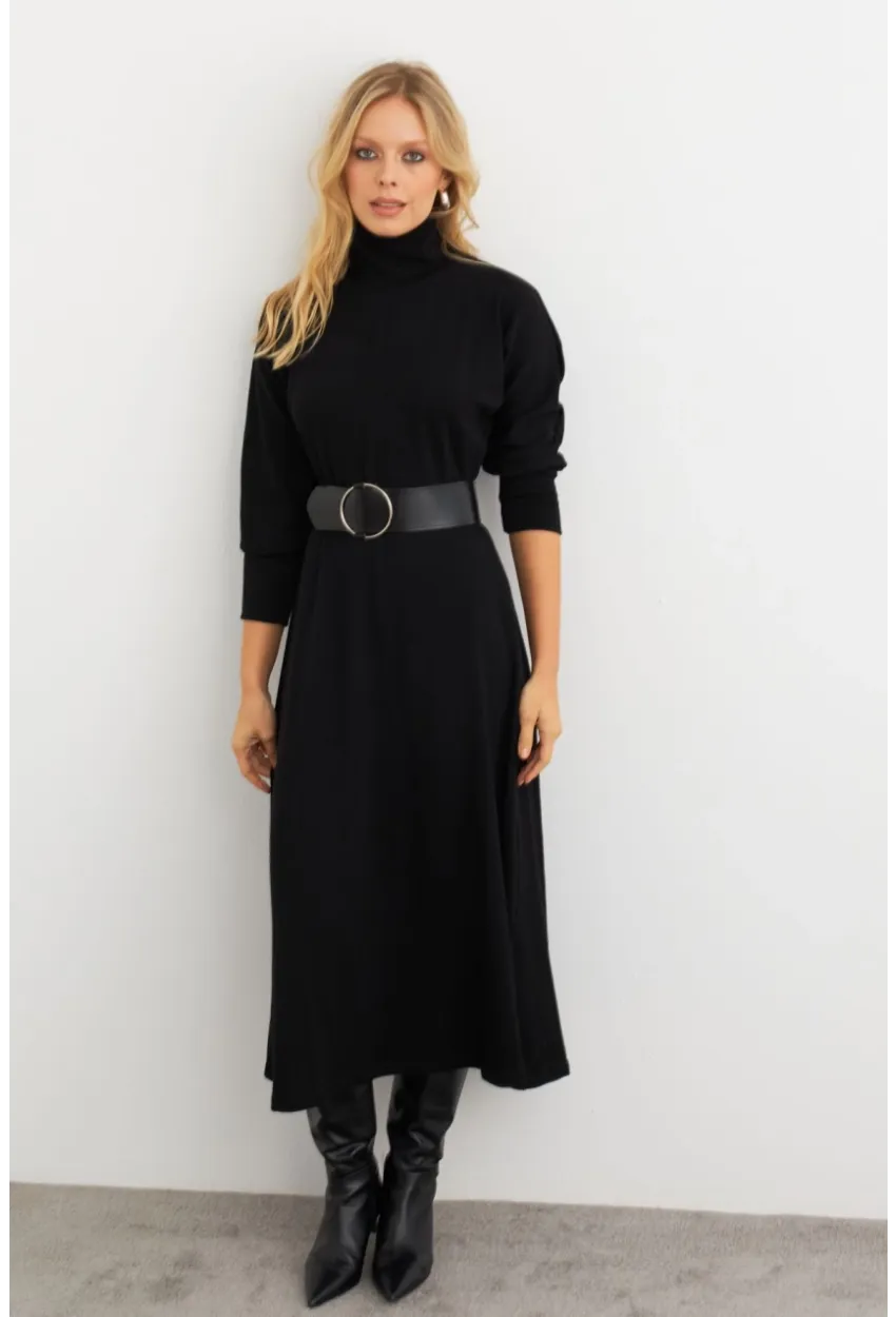 Kadın Siyah Kemerli Balıkçı Yaka Elbise MKSD992