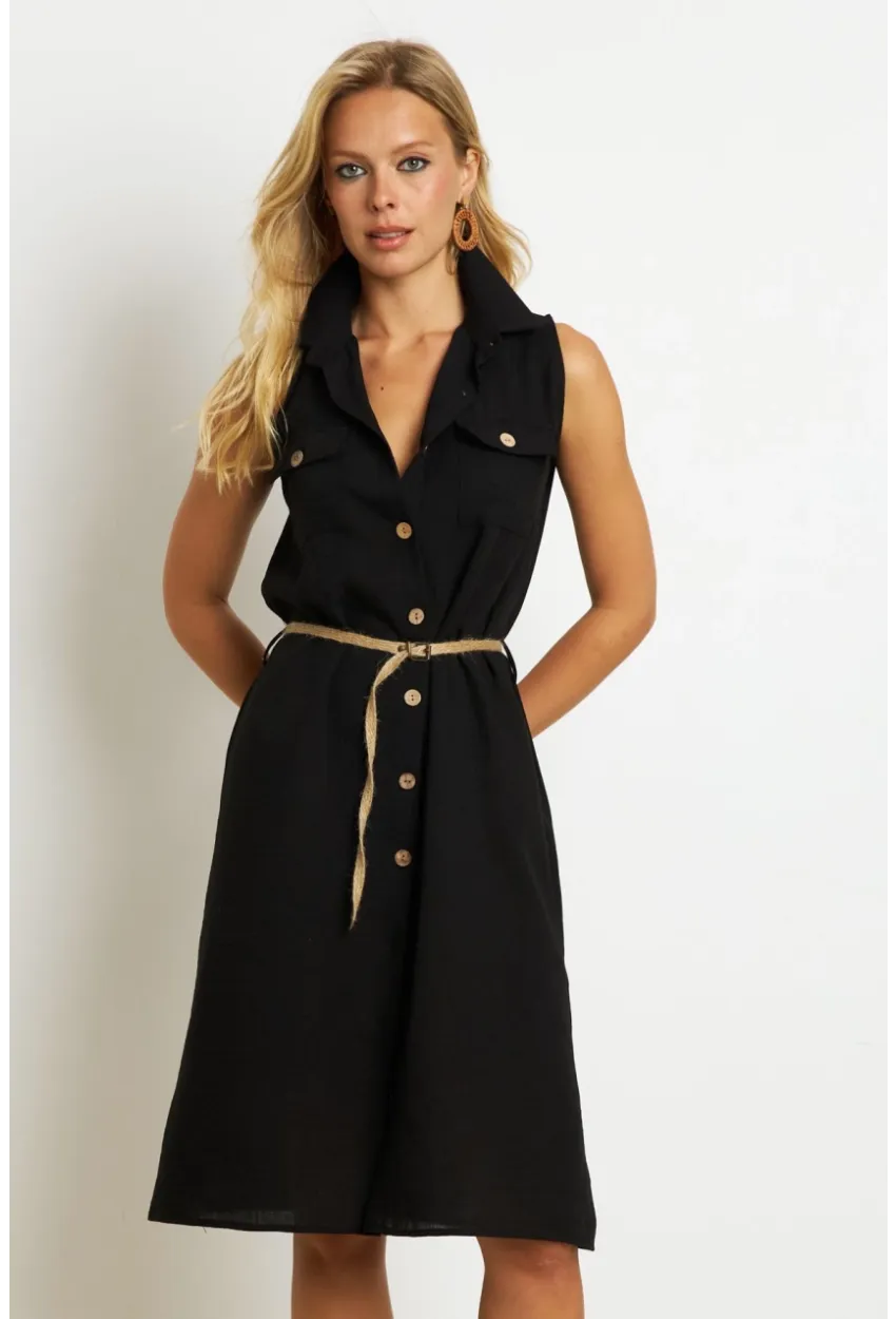 Kadın Siyah Kemerli Gömlek Midi Elbise SGT404