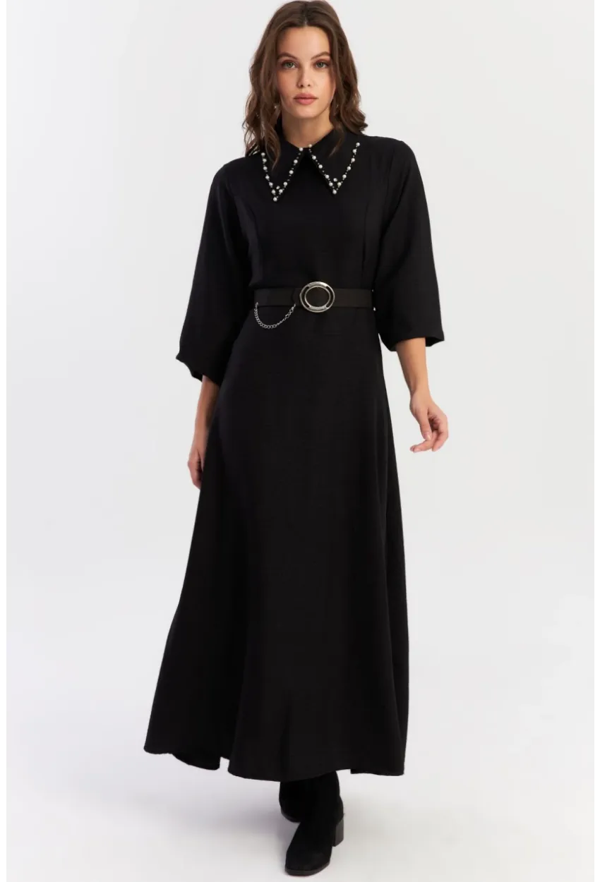 Kadın Siyah Kemerli İncili Maxi Elbise ALZ341