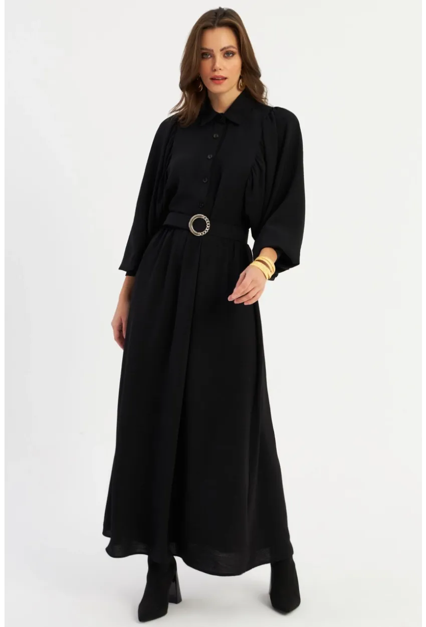 Kadın Siyah Kemerli Maxi Elbise MASF15