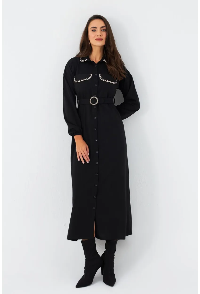 Kadın Siyah Kemerli Maxi Gömlek Elbise MASF17