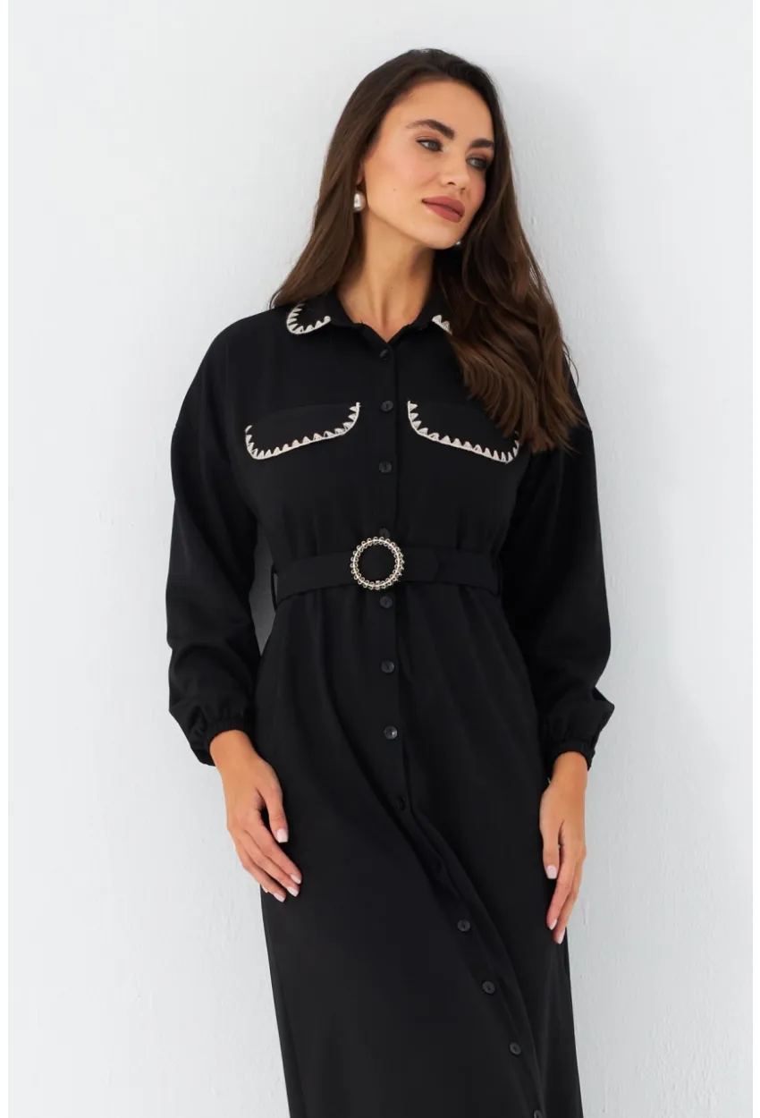 Kadın Siyah Kemerli Maxi Gömlek Elbise MASF17