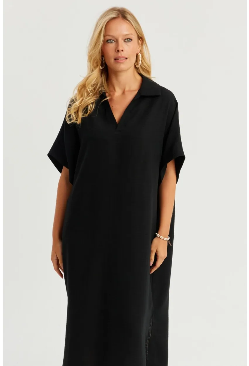 Kadın Siyah Keten Midi Elbise DMR85