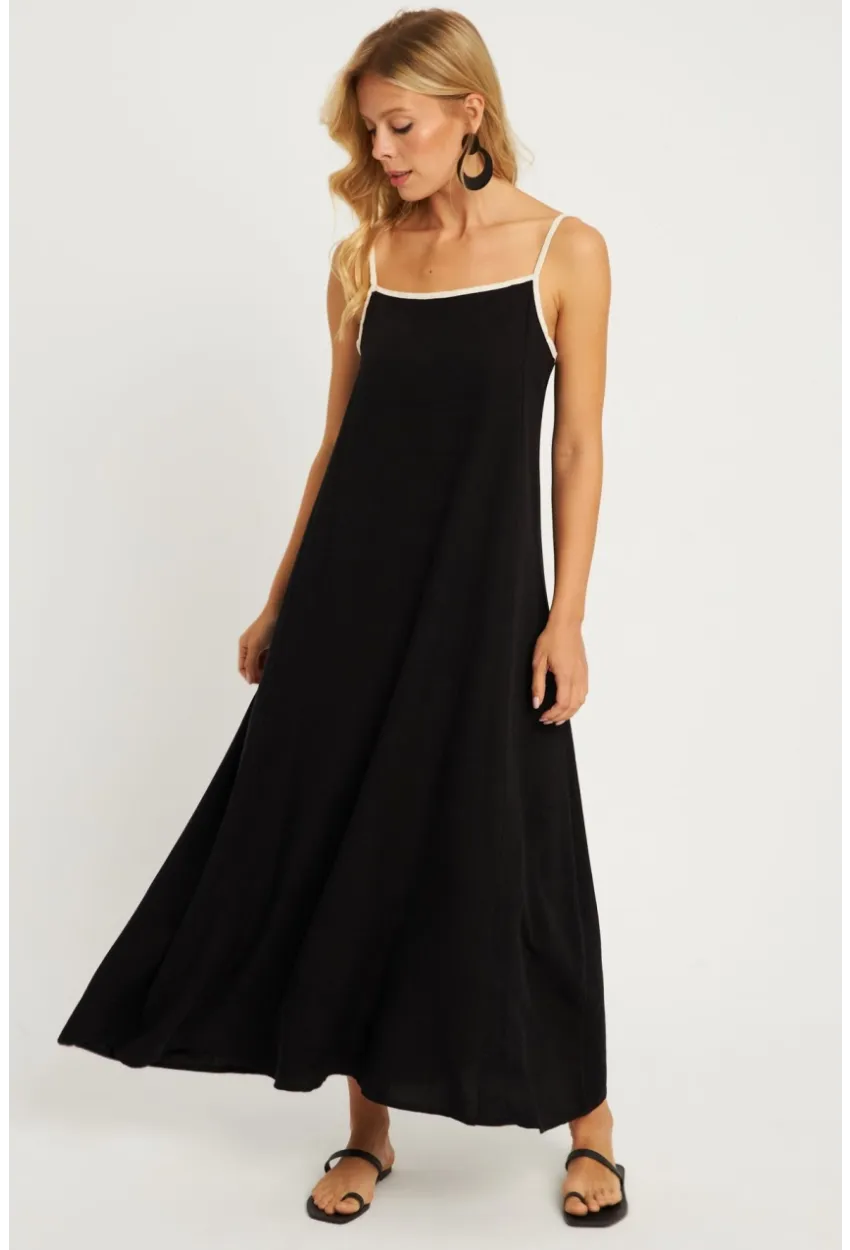 Kadın Siyah Keten Midi Elbise GÇ174