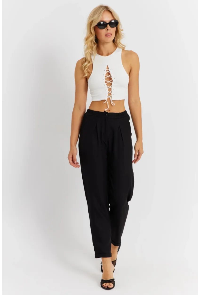 Kadın Siyah Keten Pantolon DMR340